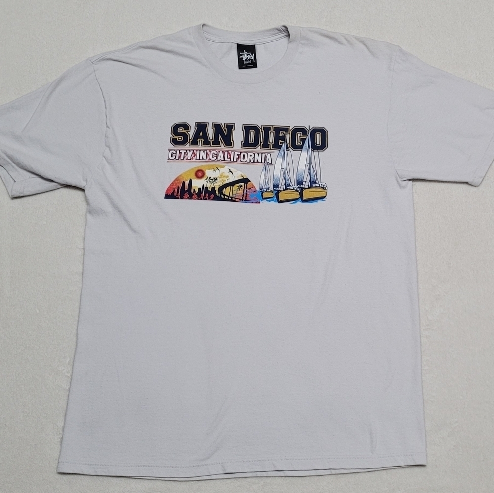 Rare Vintage Stussy Gray Cotton San Diego City in California Tee T-shirt Large